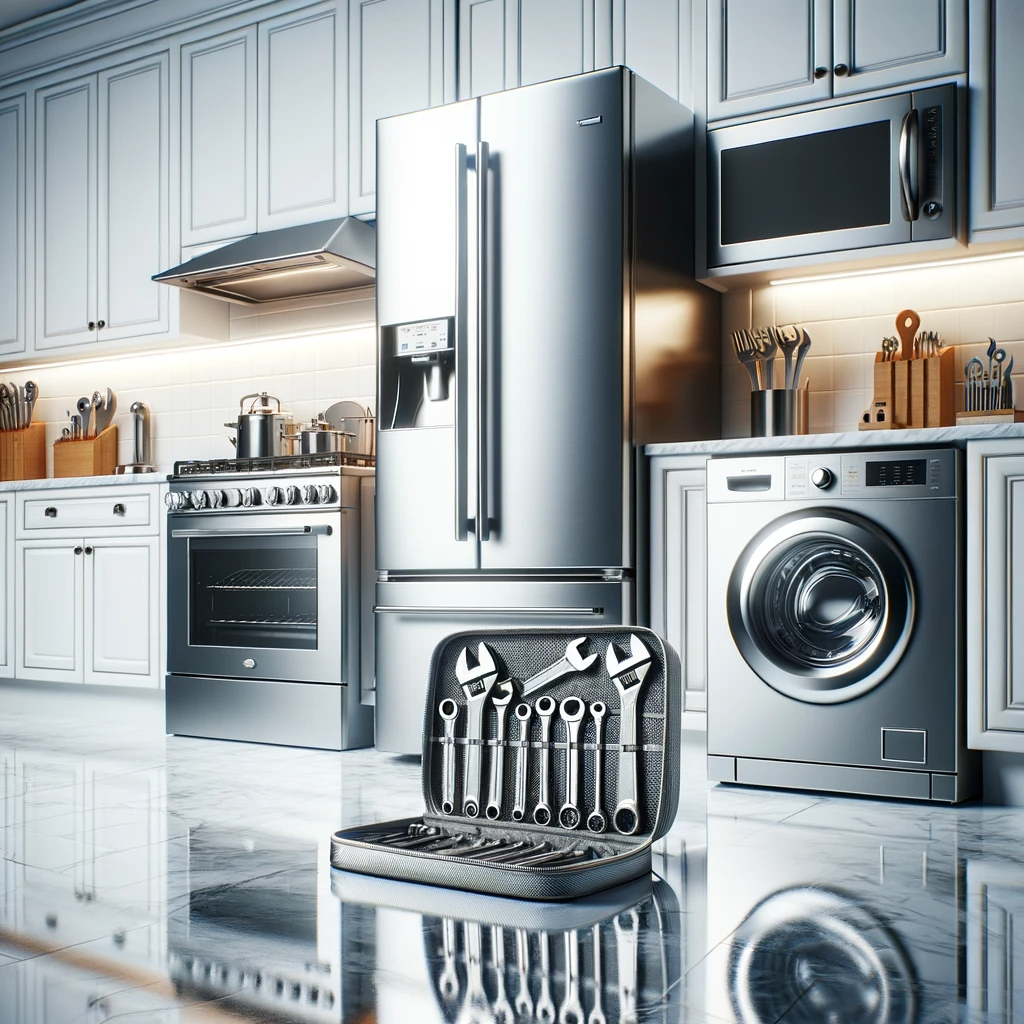 Modern kitchen with stainless steel appliances and an open tool kit on the floor