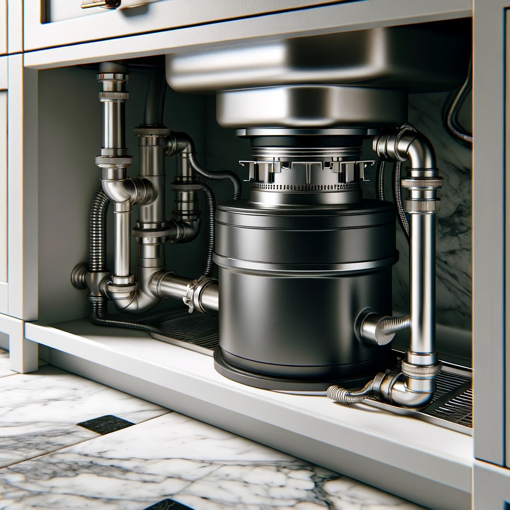 Stainless steel plumbing and pipes inside a modern kitchen cabinet above marble flooring
