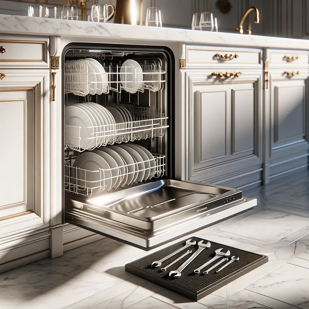 Built-in dishwasher open in a bright kitchen, with clean dishes inside and utensils on the floor mat.