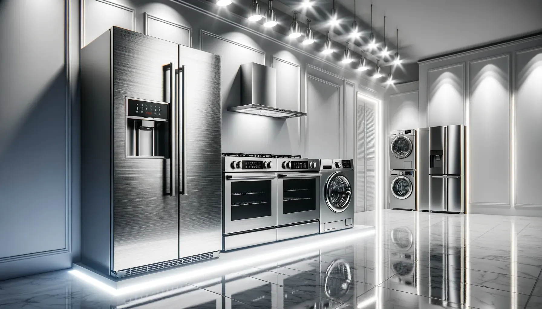 Modern stainless steel kitchen with oven, refrigerator, and washer under bright recessed lights
