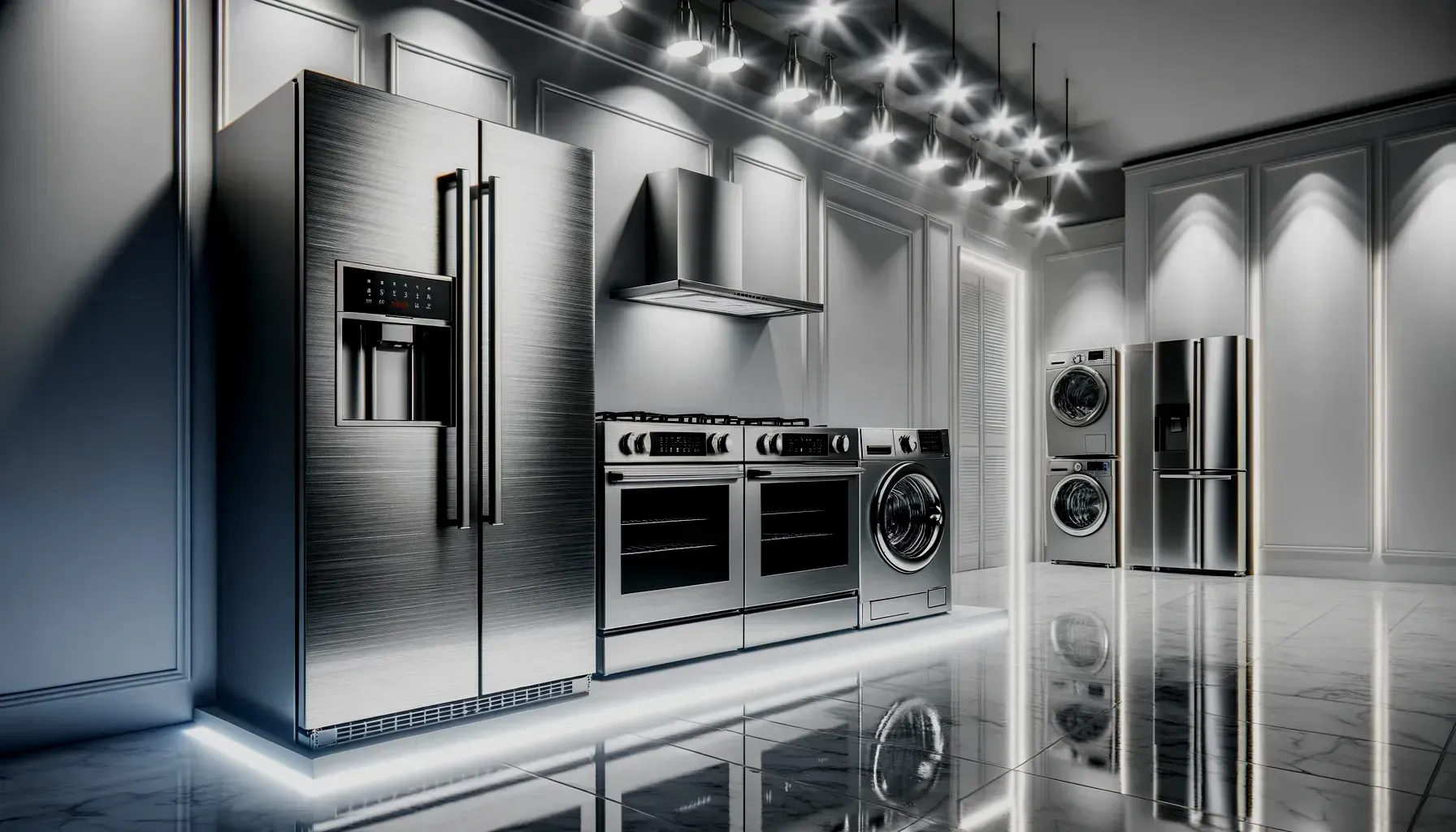 Modern stainless-steel kitchen with oven, hood, refrigerator, washer, and glossy reflective floor.