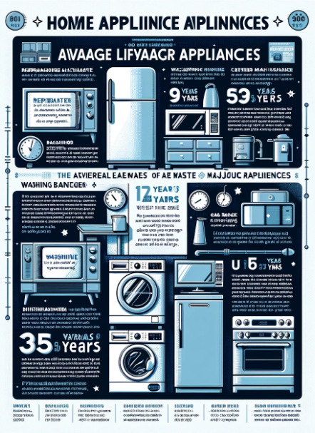 Infographic of energy-saving appliances in blue tones, showing washer, fridge, oven, and usage/lifespan stats.