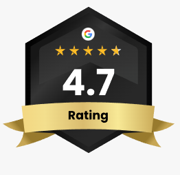 Black badge with Google logo, five gold stars, and 4.7 rating ribbon