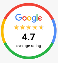 Google rating badge with colorful ring, five stars, and 4.7 average rating