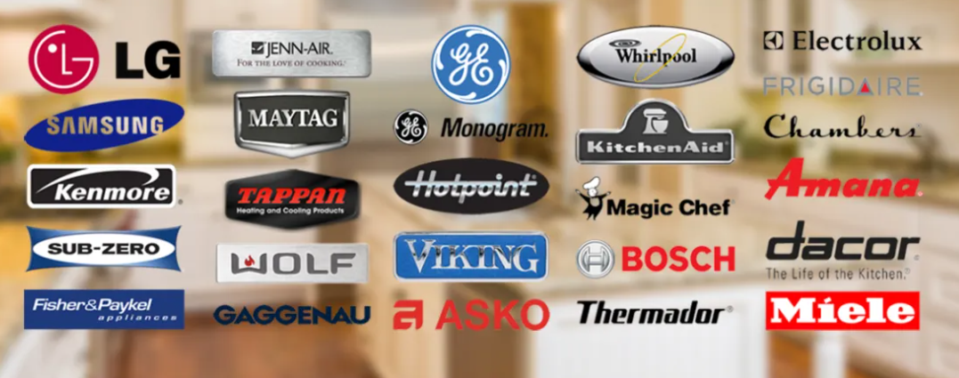 Collage of appliance brand logos on a light background, including LG, GE, Whirlpool, Electrolux, Samsung, Bosch, and Miele