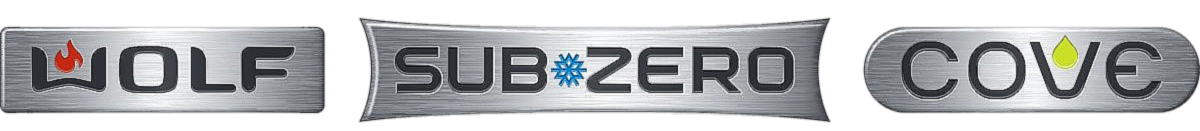 Logo strip for Wolf, Sub-Zero, and Cove appliances in black, silver, and blue on a white background