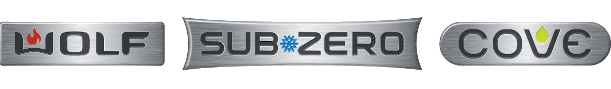 Three appliance brand logos: Wolf, Sub-Zero, and Cove in black and gray on a light background