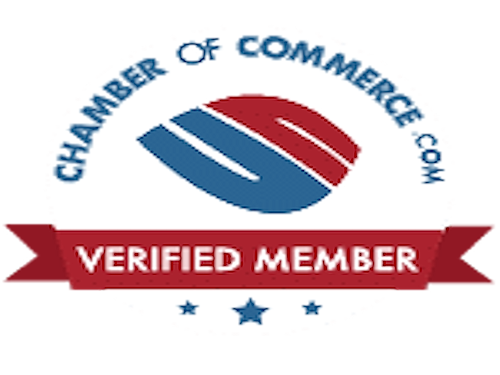 Chamber of Commerce “Verified Member” badge with blue and red ribbon logo and stars