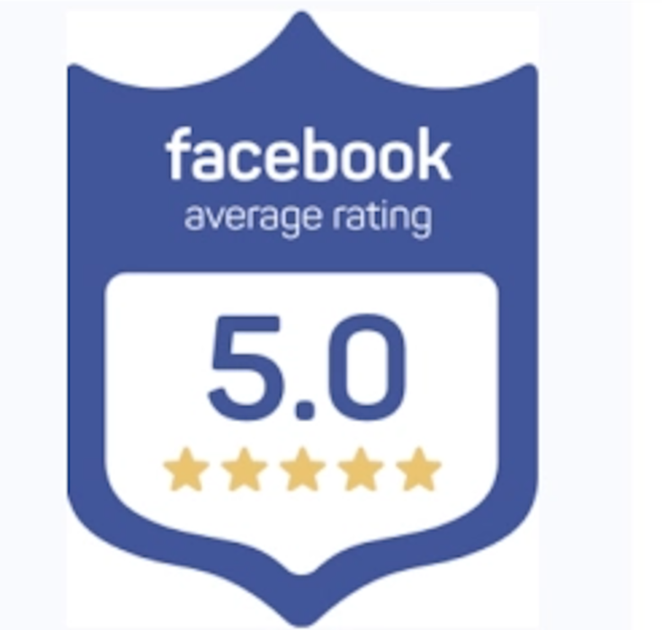 Facebook average rating badge showing 5.0 with five gold stars on a blue shield