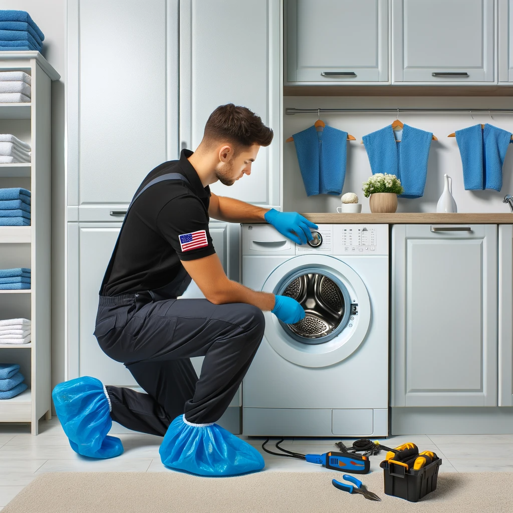 Technician repairing a front-loading washing machine in a kitchen, with tools on the floor.