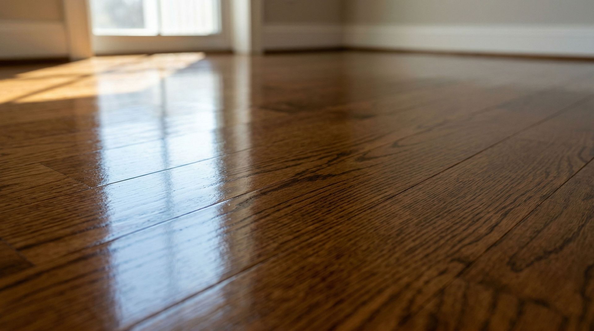 Parquet baigné de soleil avec des reflets près d'une porte et des rideaux blancs
