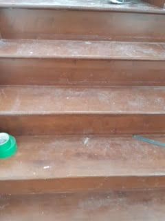 Escalier en bois avec un gobelet en plastique vert à gauche et un câble en travers d'une marche
