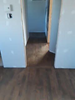 Couloir étroit avec parquet foncé et murs blancs menant à une porte.