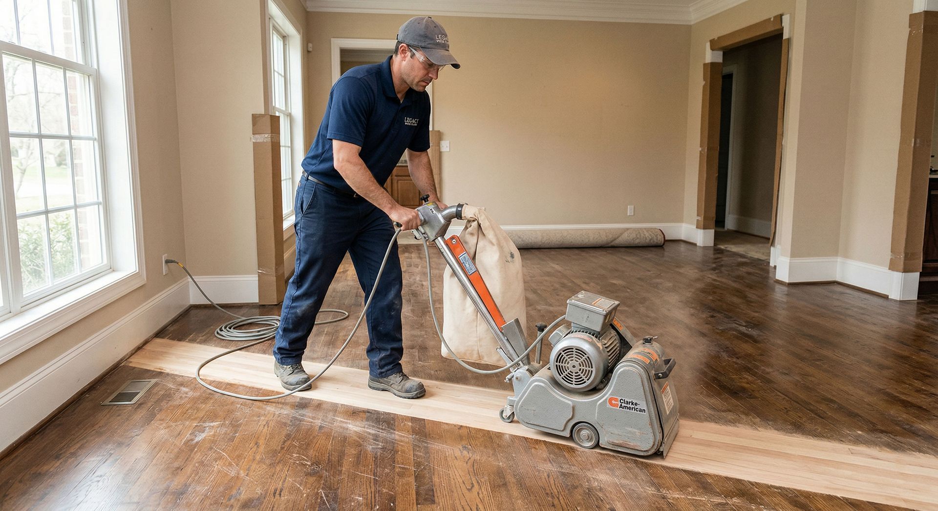 Un ouvrier ponce un parquet dans une pièce lumineuse pendant une rénovation