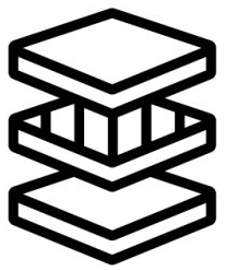 Logo géométrique noir empilé avec des formes cubiques 3D superposées