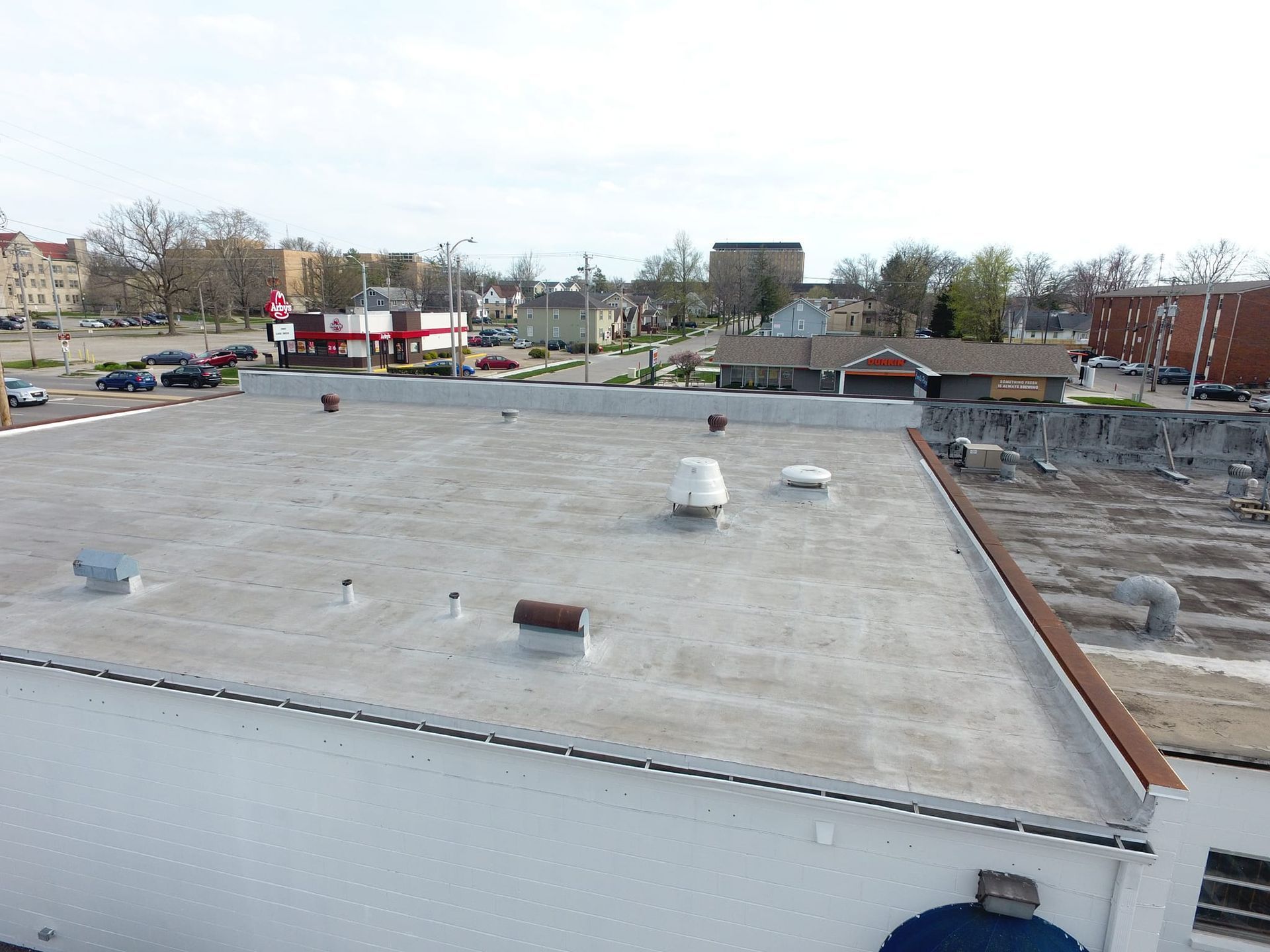 An aerial view of the roof of a building