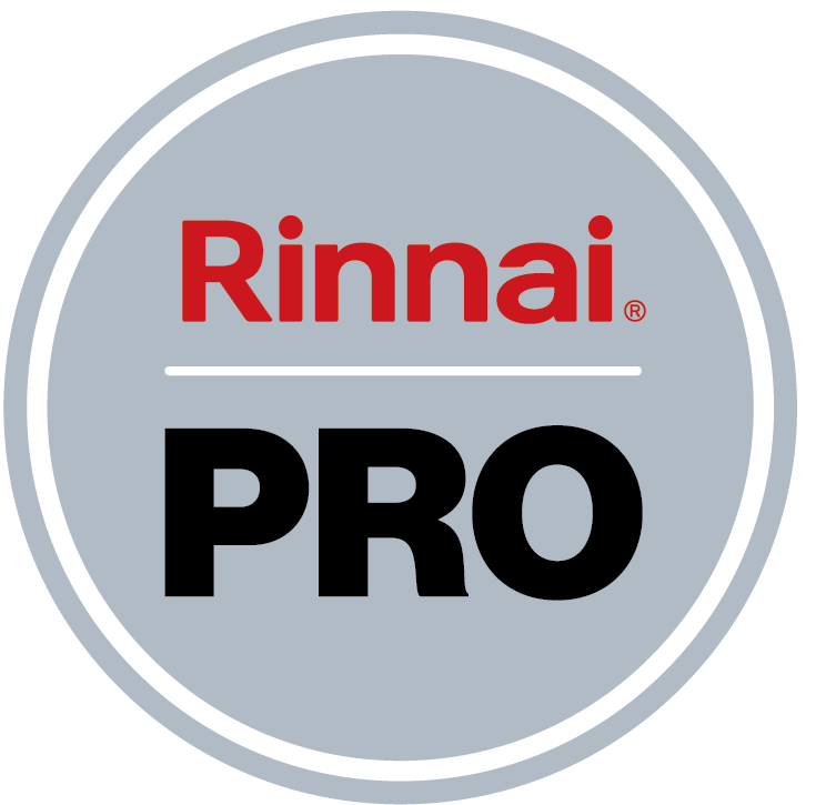 Rinnai Pro logo inside a gray circle. Red