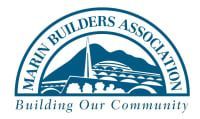 Marin Builders Association logo with a blue arch over a building and mountains. Text: