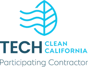 Tech Clean California logo: Blue leaf and wave graphic,