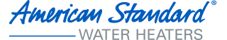 American Standard water heater logo, blue cursive text with gray text below.