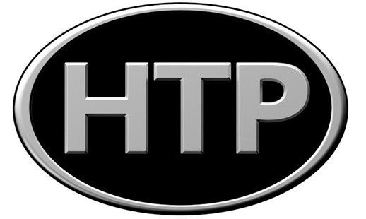 HTP logo, silver letters on black oval, outlined in silver.