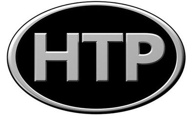 HTP logo, silver letters on black oval, outlined in silver.