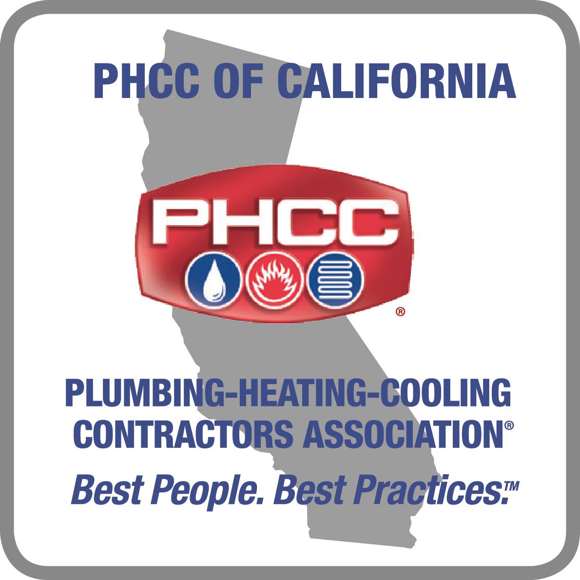 PHCC of California logo: Red and blue PHCC emblem over a California outline, with text:
