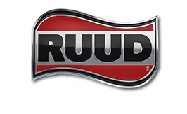 RUUD logo: Black text on a silver background within a red and silver border.