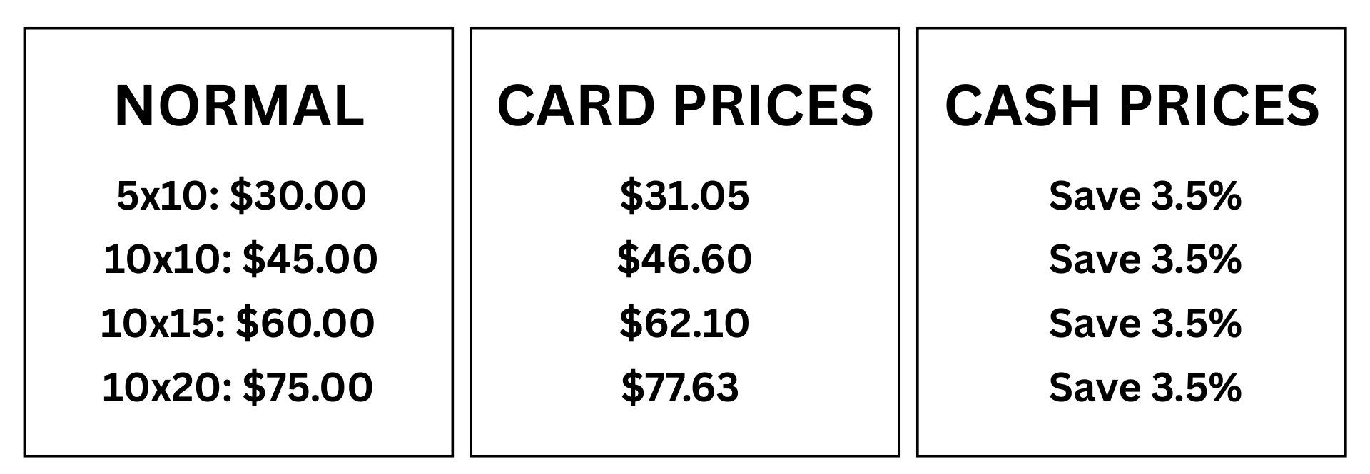 Pricing chart showing normal prices, card prices, and cash prices with 3.5% savings.
