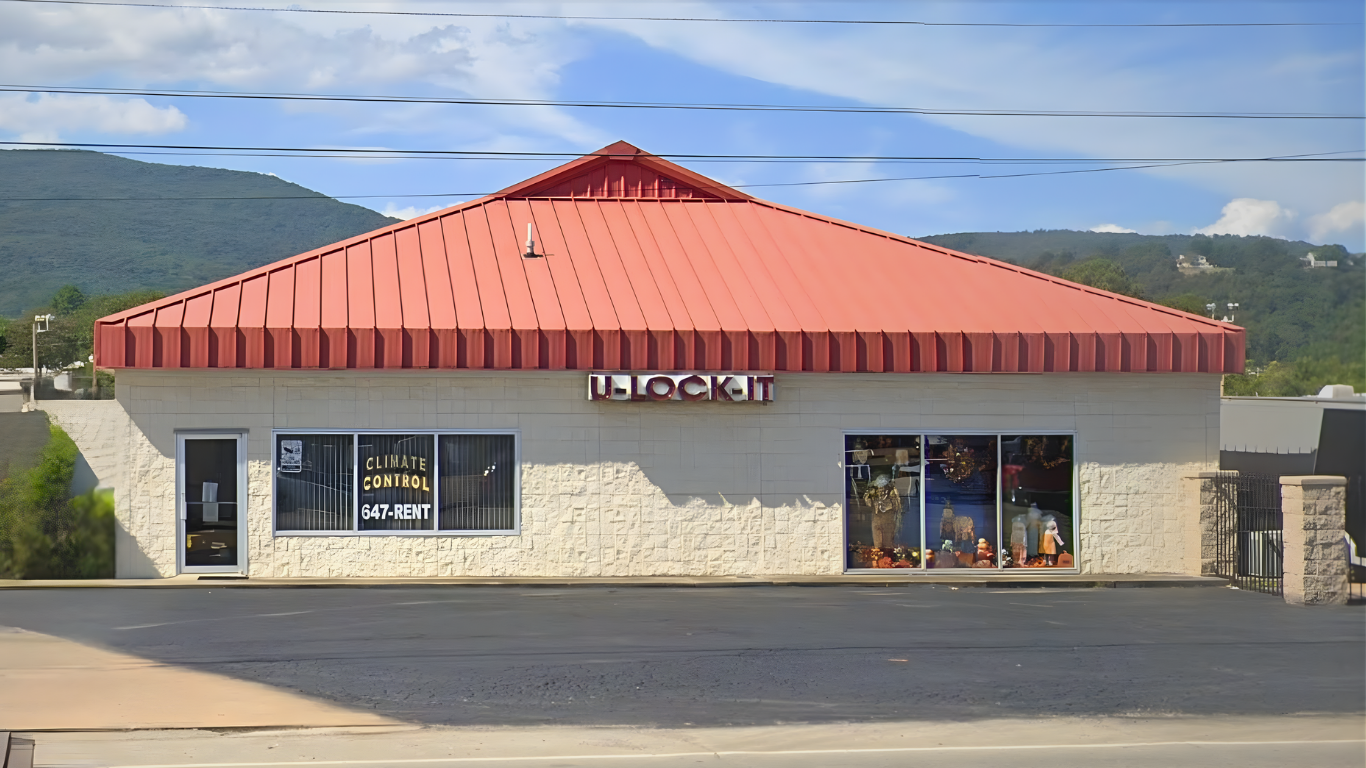 Storefront with red roof;
