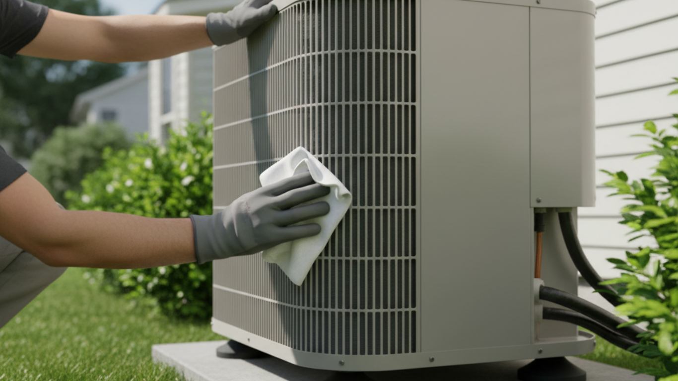 Technician repairing outdoor HVAC unit beside a house, with tools and gauges connected to the system.
