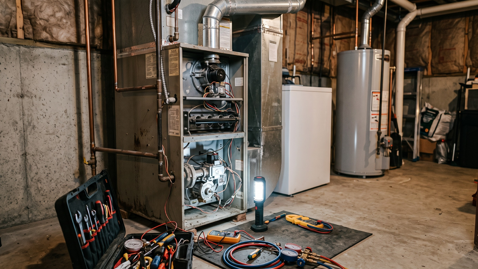 Open server cabinet in a basement with cables, tools, and a water heater nearby.