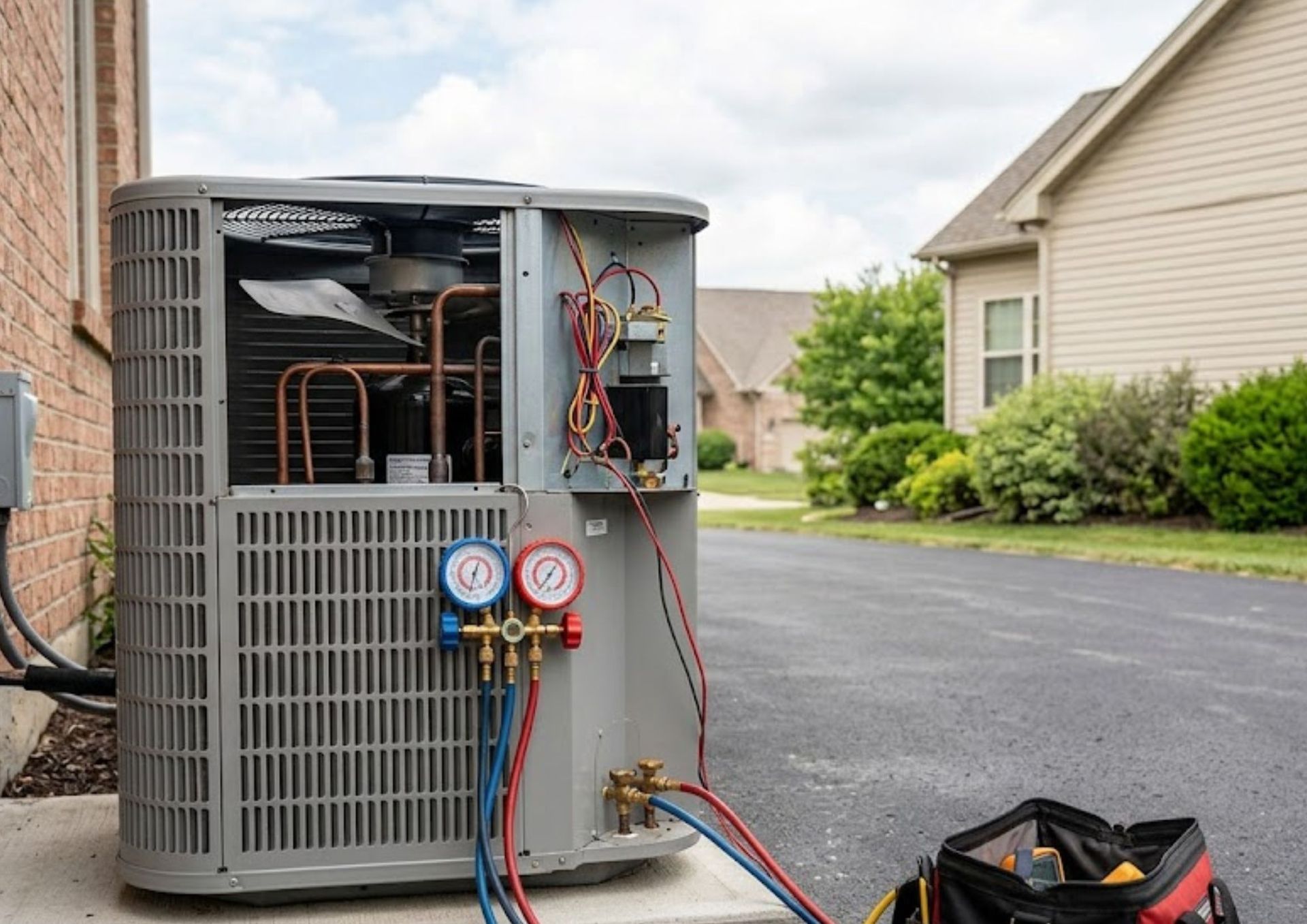 Two outdoor air conditioning units on a brick patio beside a house.