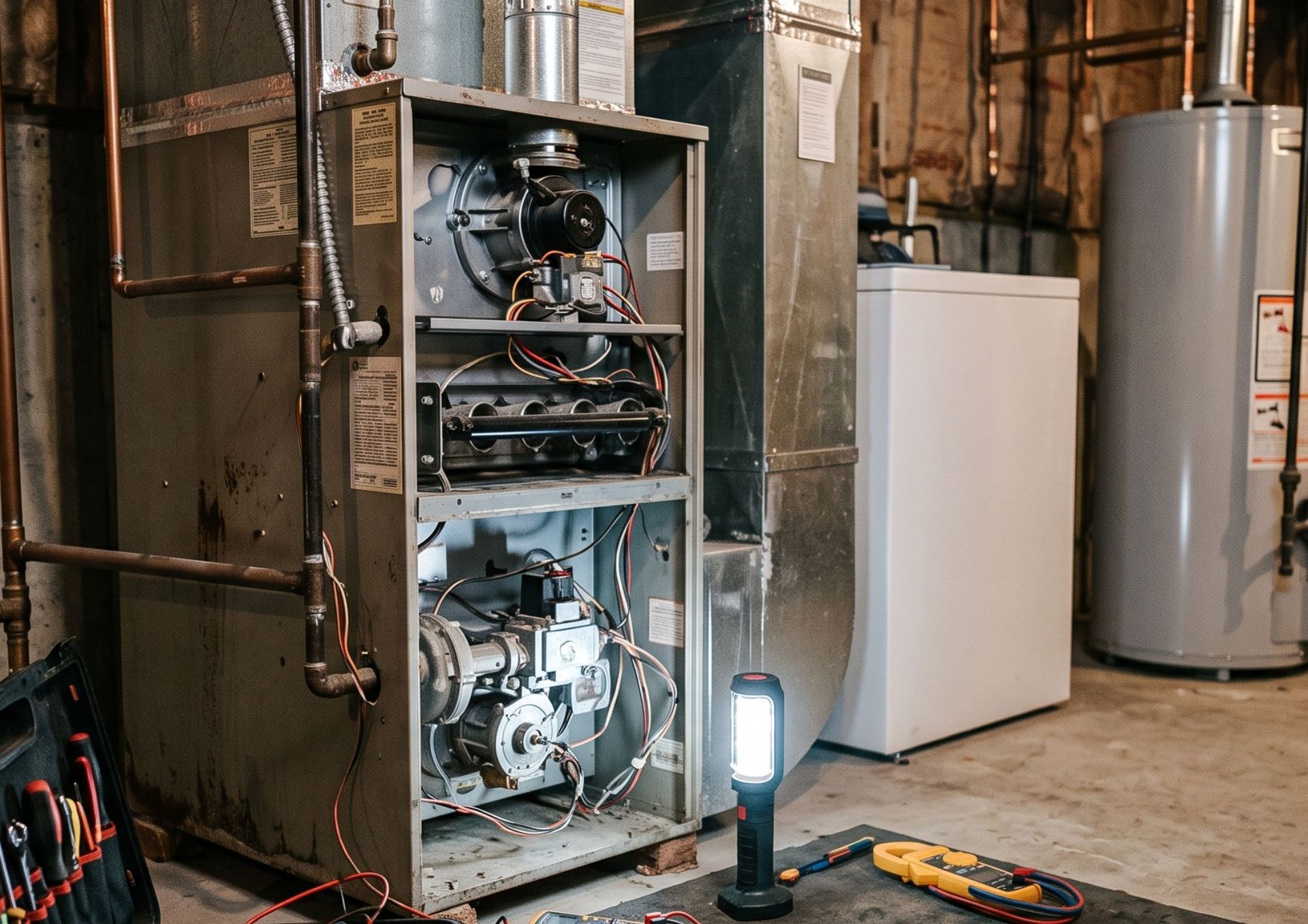 technicians working on plumbing and heating equipment in a utility room