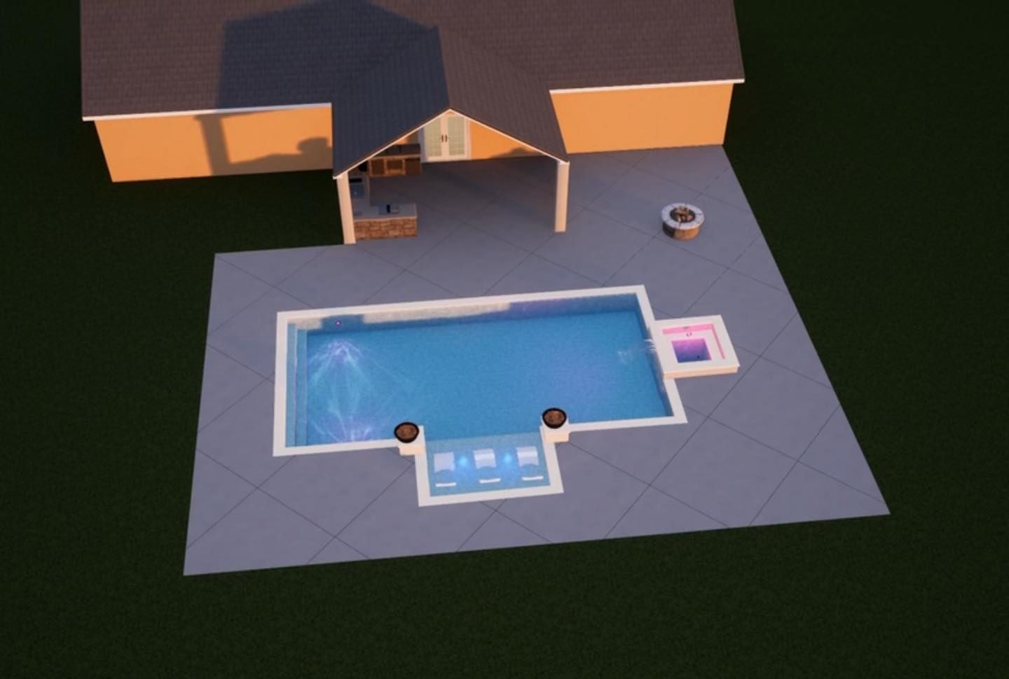 A 3D architectural rendering of a backyard featuring a rectangular swimming pool, a lounge area, and a fire pit.