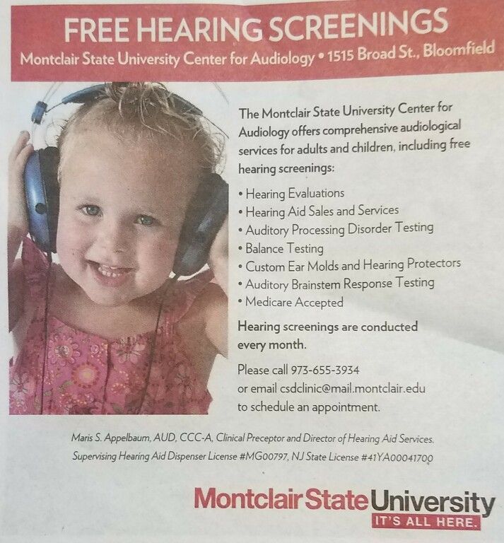 Free hearing screenings poster with child wearing headphones, Montclair State University logo, pink background