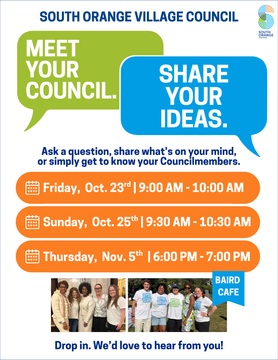South Orange Village Council flyer inviting residents to share ideas at Bard Cafe meetings.