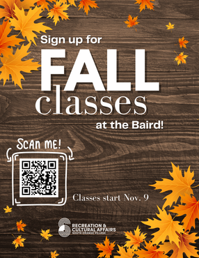 Fall classes signup flyer at the Baird, with QR code and autumn leaves on wood background