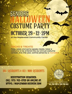 Yellow Halloween costume party poster with bats, moon, spiderwebs, and event details.
