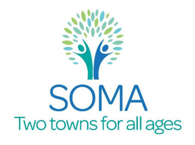 Logo showing a stylized tree with blue and green leaves, with two human figures forming the trunk. Text reads: SOMA.