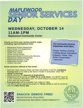 Essex County Senior Wellness Day flyer with event details, QR code, and a photo of a man in the corner