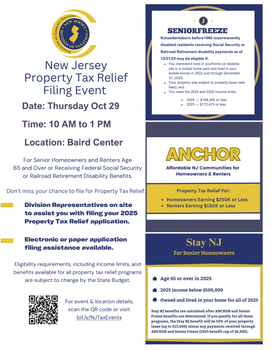 New Jersey Property Tax Relief flyer for Sept. 29, 10 AM–1 PM at Baird Center, with QR code and program logos