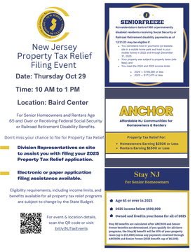 NJ property tax relief flyer with event details, logos, and QR code on white background
