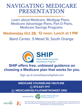 Flyer for a Medicare presentation with SHIP logo, date, time, location, and counseling helpline details