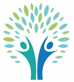 Stylized logo of two people figures with arms raised, their upper bodies forming a tree canopy of blue and green leaves.