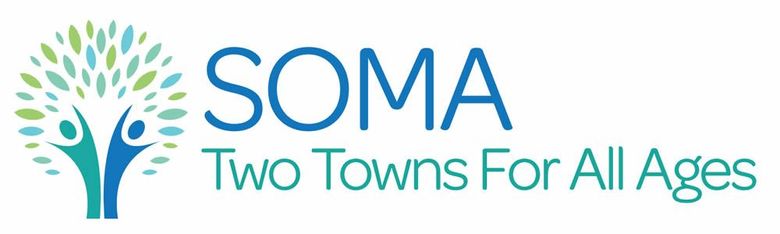 Logo for SOMA Two Towns for All Ages, featuring a stylized tree with human figures as its trunk in blue and green.