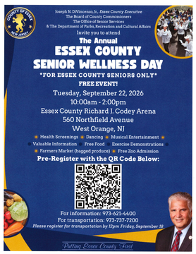 Essex County Senior Wellness Day flyer with event details, QR code, and a photo of a man in the corner