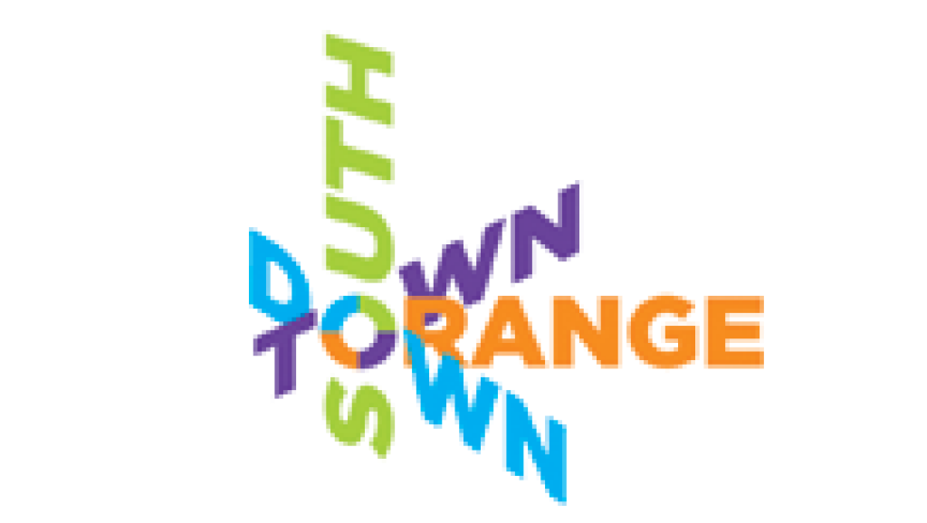Colorful stacked words “SOUTH TOWN” on a white background with orange, purple, blue, and green letters