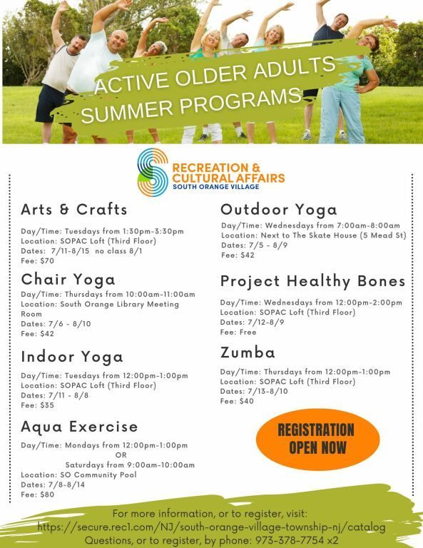 Poster for Active Older Adults Summer Programs, listing yoga, crafts, aqua exercise, and Zumba activities