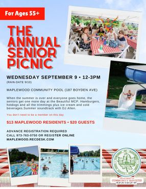 Senior picnic flyer with pool photos, blue water, and red title text for an outdoor event.